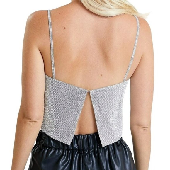 Glam Sparkle Me Rhinestone Crop Top Silver Size Large NWT - Picture 4 of 4